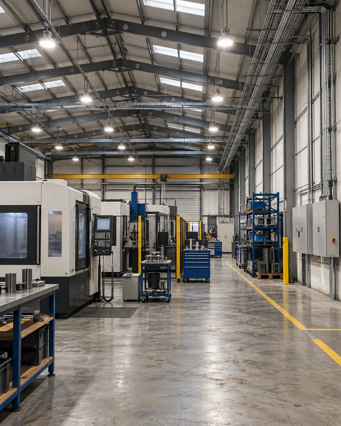 Factory workshop with machinery, electrical distribution and high-bay lighting