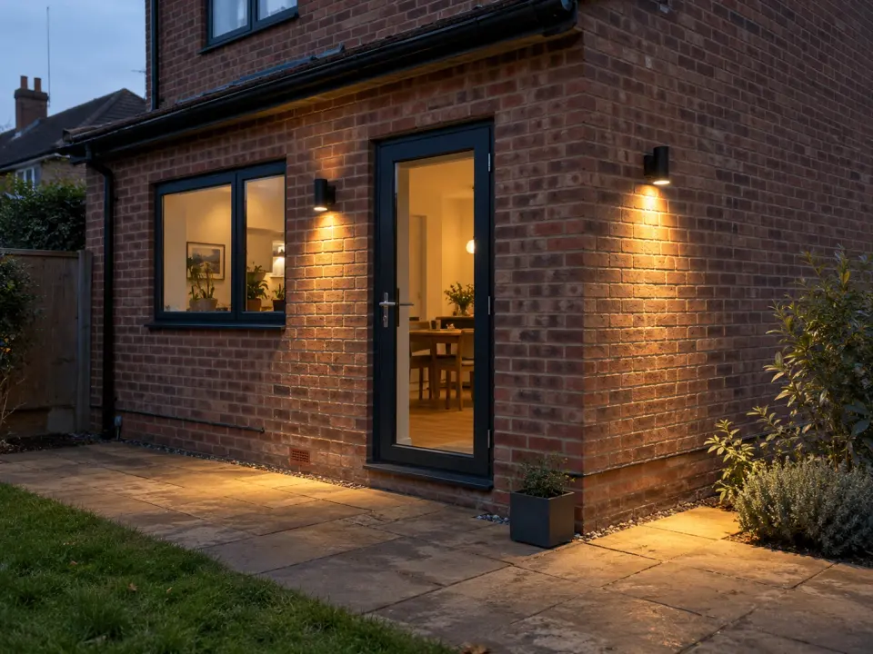 Warm exterior wall lighting on a UK brick home at dusk