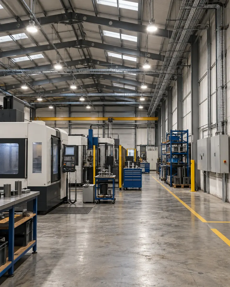 Factory workshop with machinery, electrical distribution and high-bay lighting